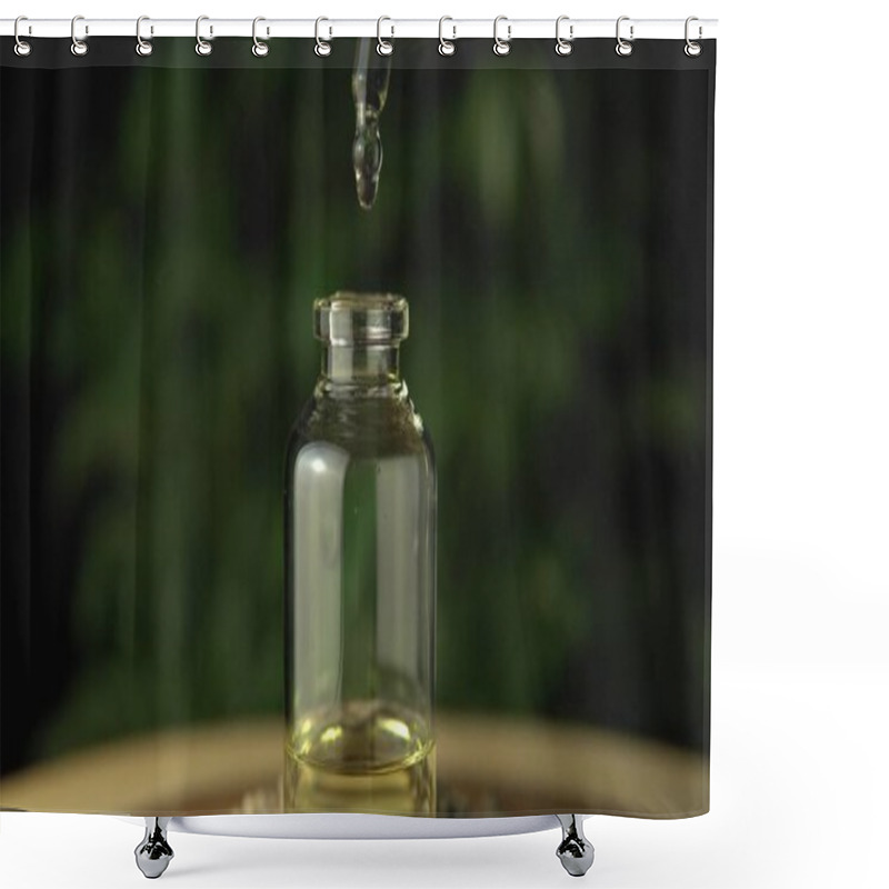 Personality  Pipette Droplet Dosing Licensed Cannabis CBD Oil For Medical Purposes. Hydroponic Biological And Ecological Hemp Plant And Herbal Pharmaceutical Clinic Study Concept.  Shower Curtains