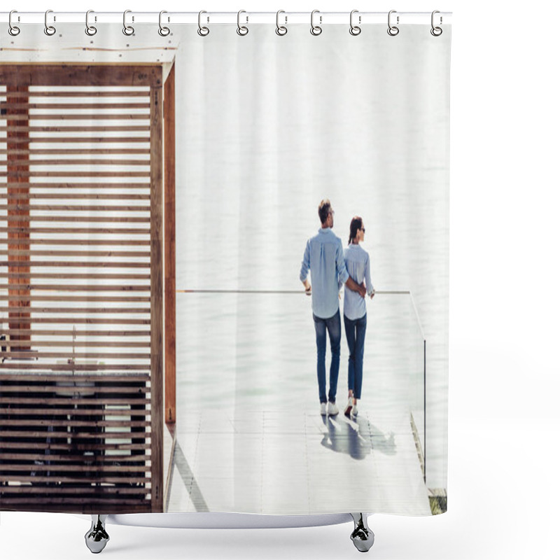 Personality  High Angle View Of Stylish Couple Standing On Pier Near Lake At Country House  Shower Curtains