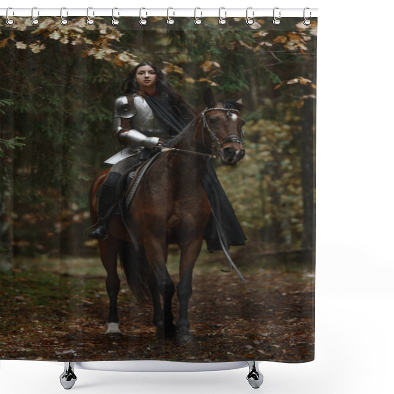 Personality  A Beautiful Warrior Girl With A Sword Wearing Chainmail And Armor Riding A Horse In A Mysterious Forest Shower Curtains