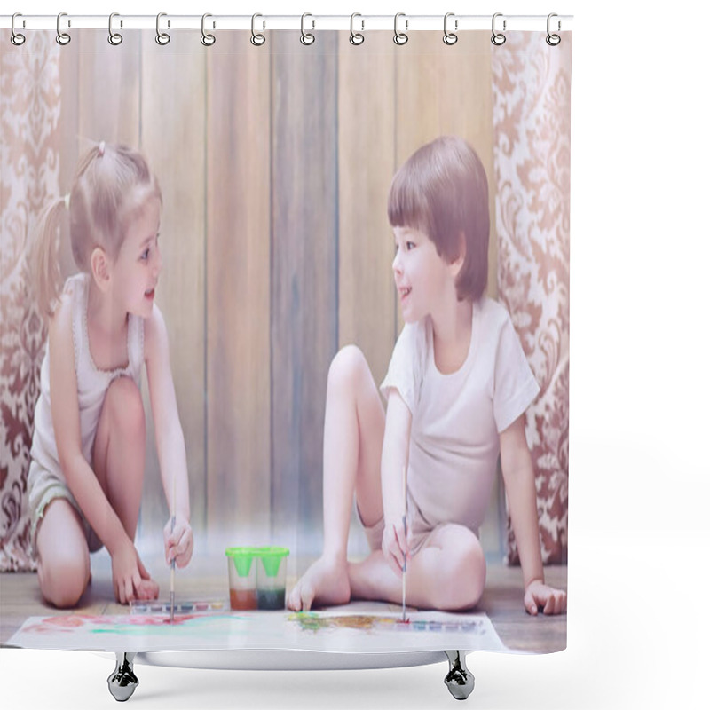 Personality  Little Children Paint On A Large Sheet Of Paper Shower Curtains