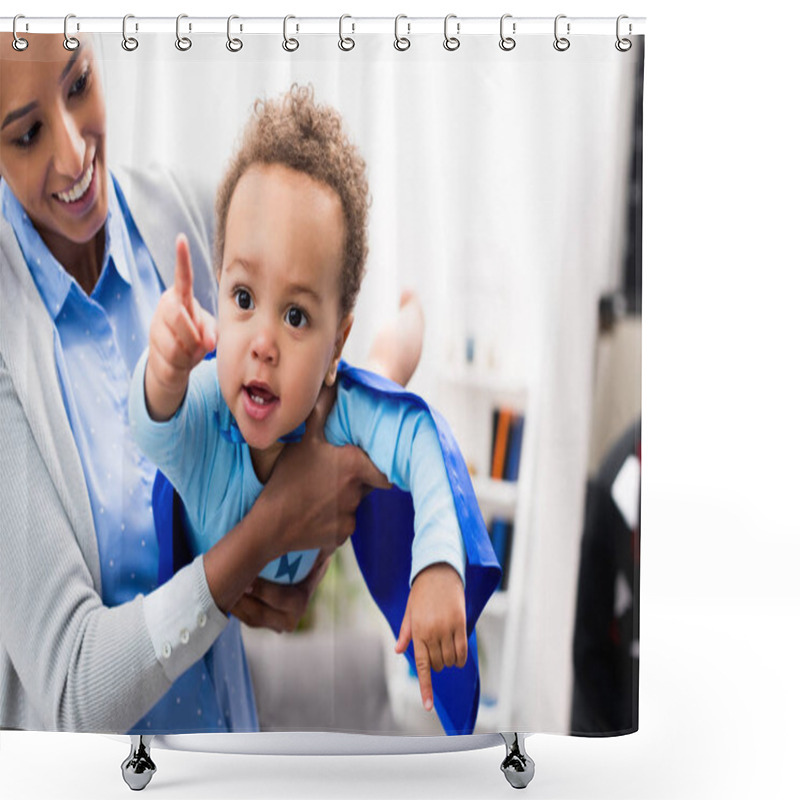 Personality  Mother Holding Son In Superhero Costume Shower Curtains