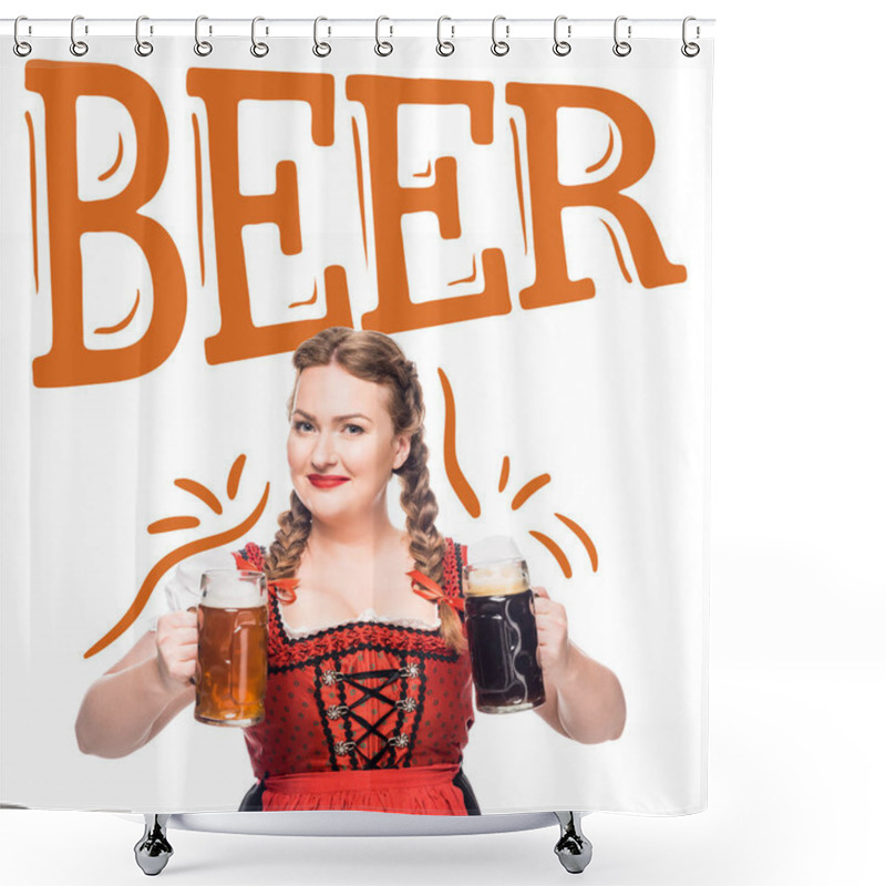 Personality  Smiling Oktoberfest Waitress In Traditional Bavarian Dress Showing Mugs With Light And Dark Beer Isolated On White Background With 