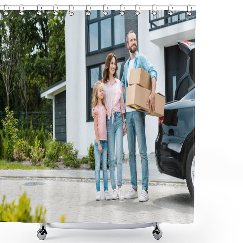 Personality  Cheerful Bearded Man Holding Boxes Near Happy Wife And Daughter  Shower Curtains