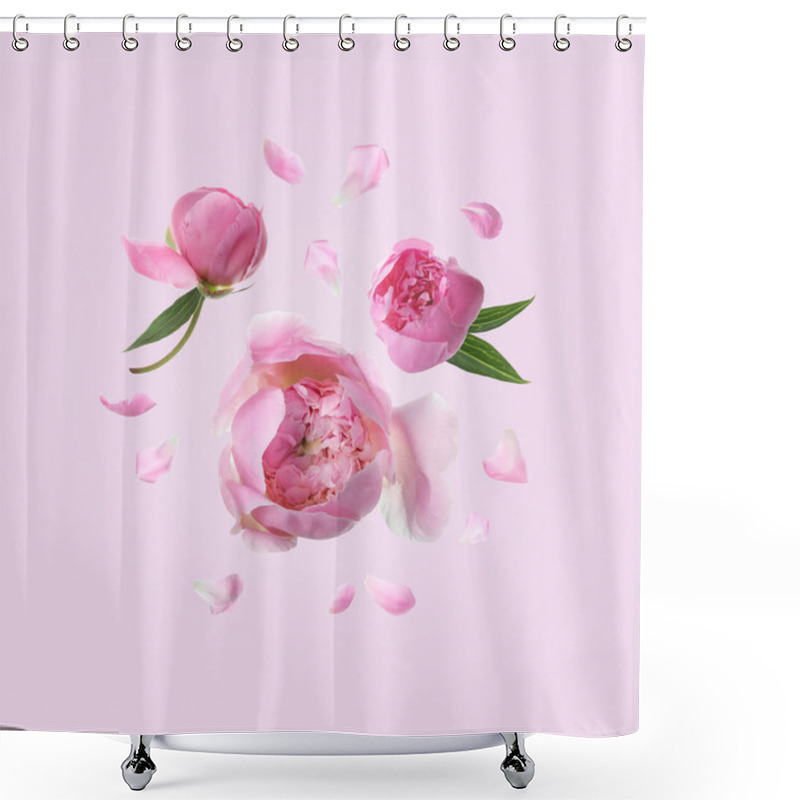 Personality  Beautiful Peony Flowers Flying On Pink Background Shower Curtains