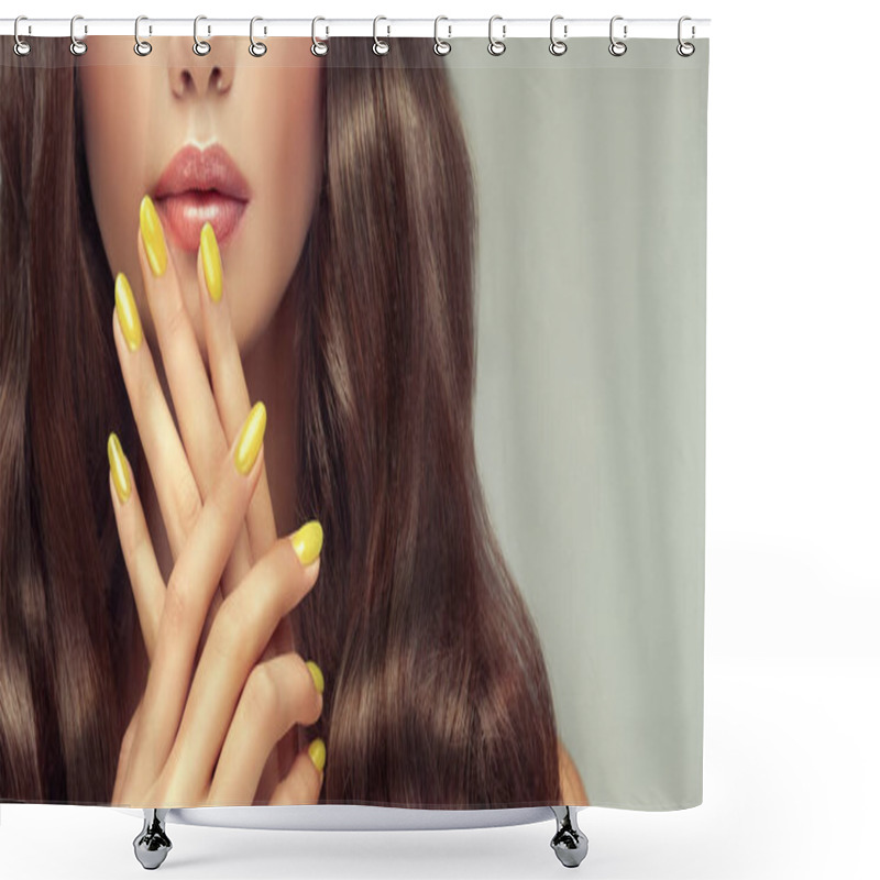 Personality  Beautiful Girl Long , Curly Hair . Model Woman Showing Yellow Manicure On Nails . Cosmetics And Makeup  Shower Curtains