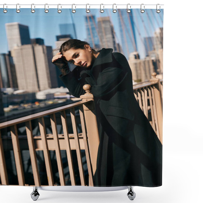 Personality  A Young Woman In A Black Coat Leans Against A Railing In New York City. Shower Curtains