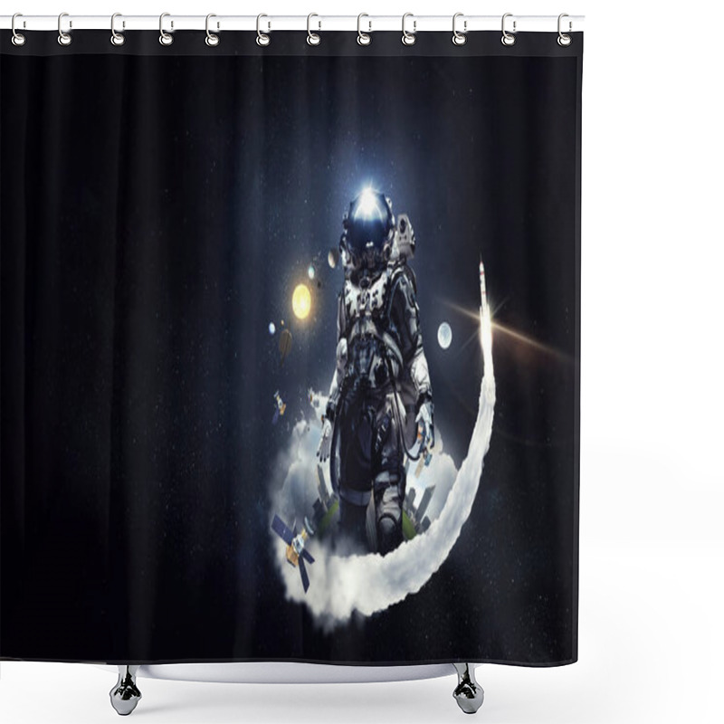 Personality  Astronaut Walking On An Unexplored Planet. Mixed Media Shower Curtains