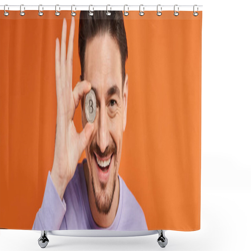 Personality  Happy Man Holding Bitcoin Near Eye And Smiling At Camera On Orange Background, Cryptocurrency Banner Shower Curtains