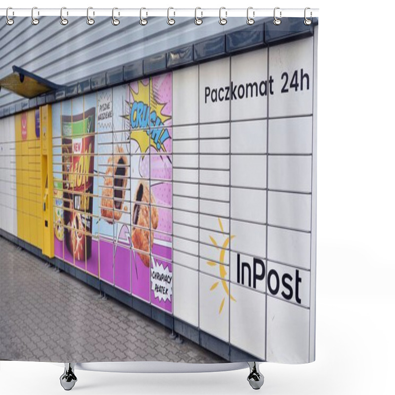 Personality   Warsaw, Poland. 15 December 2019. Yellow Automated Parcel Terminal InPost.  Shower Curtains