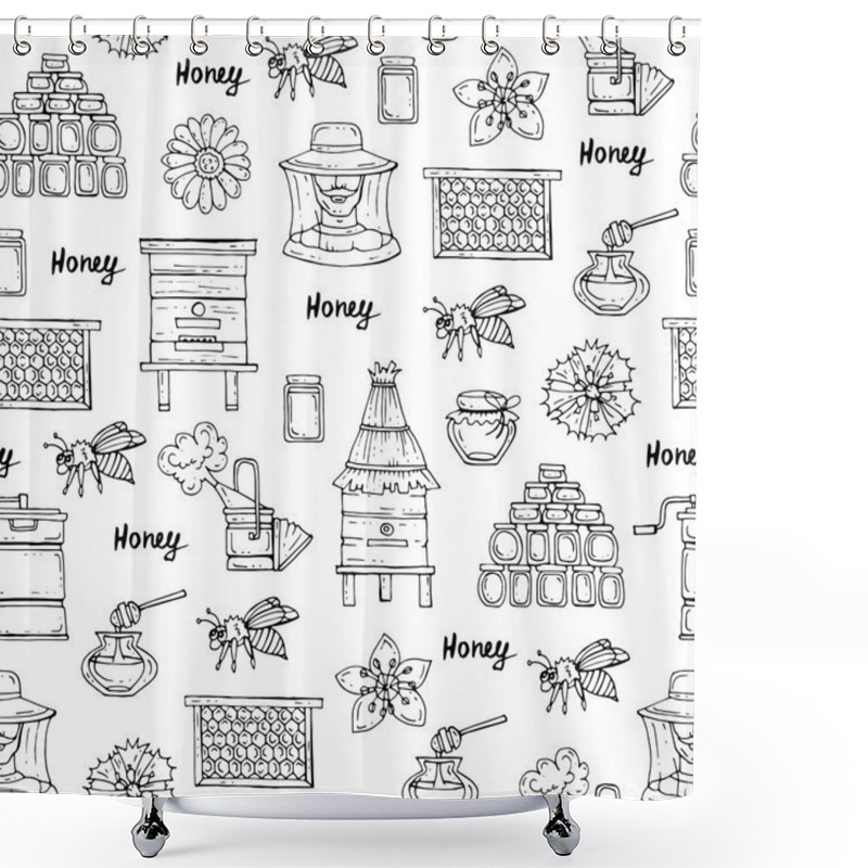 Personality  Vector Seamless Pattern With Hand Drawn Isolated Symbols Of Beekeeping On White Color Shower Curtains