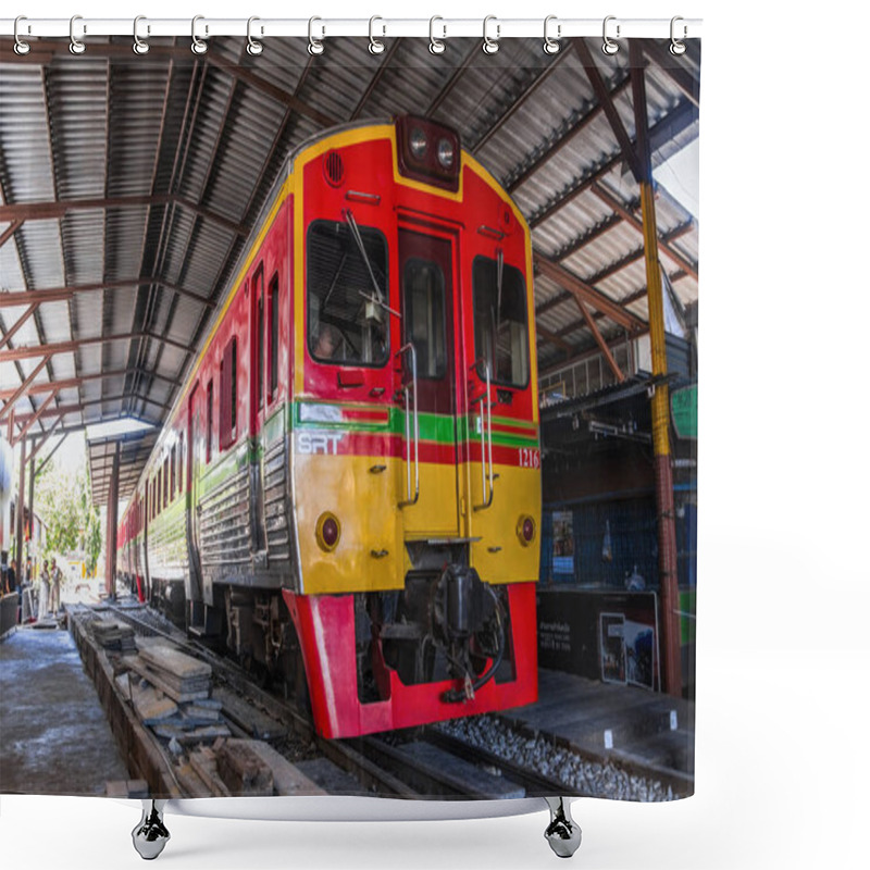 Personality  Samut Songkhram, Thailand-SEP 12,2017: The Famous Railway Market Or Folding Umbrella Market At Maeklong, Thailand, One Of Famous Market Landmark In Thailand. Shower Curtains