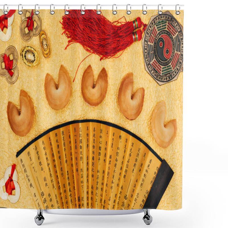 Personality  Top View Of Chinese Talismans And Fortune Cookies On Golden Surface, Chinese New Year Concept Shower Curtains