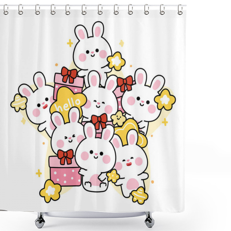 Personality  Cute Rabbits Bunny Various Poses Stay In Star Shape With Gift Box.Rodent Animal Character Cartoon Design.Kawaii.Vector.Illustration. Shower Curtains