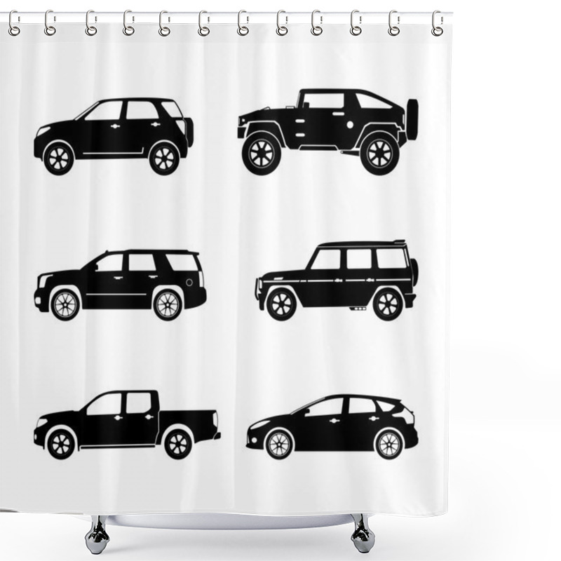 Personality  Black Silhouette Cars On White Background. Vector SUV Set Shower Curtains