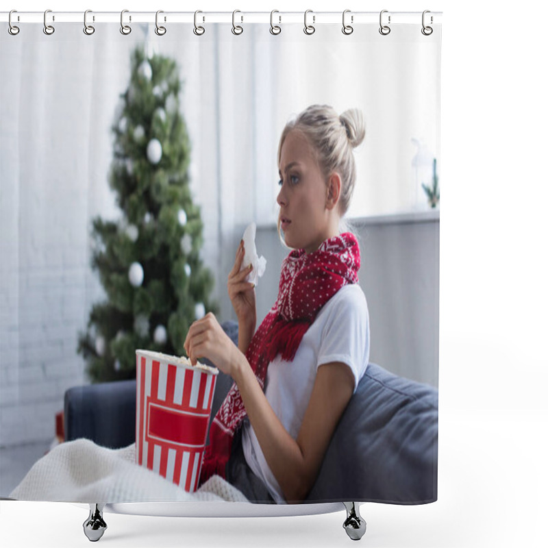 Personality  Sick Woman With Paper Napkin And Bucket Of Popcorn Watching Tv On Sofa Near Blurred Christmas Tree Shower Curtains