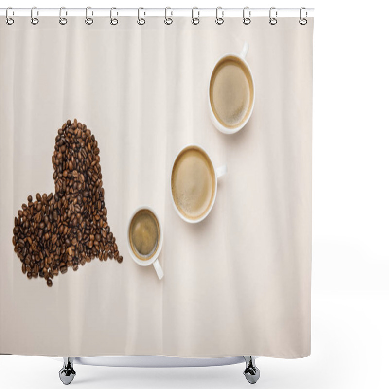 Personality  Top View Of Cups With Coffee Near Heart Made Of Coffee Grains On Beige Background Shower Curtains