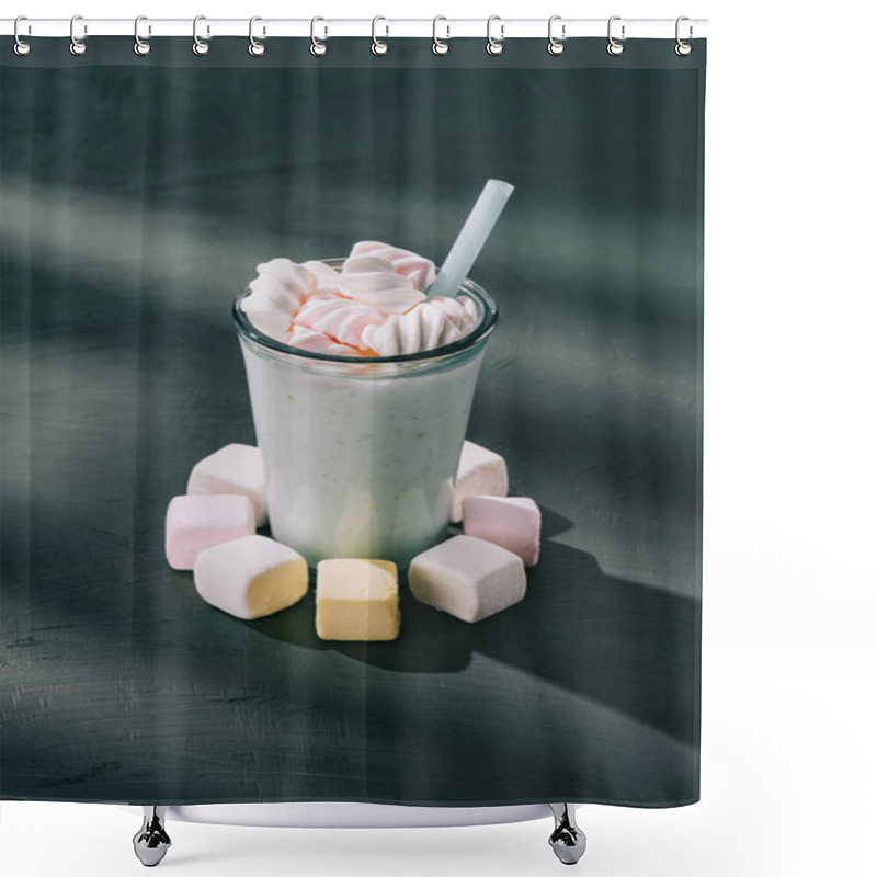 Personality  Closeup Shot Of Marshmallows, Milkshake Glass With Drinking Straw On Table Shower Curtains