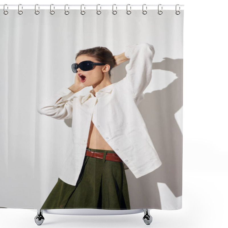 Personality  Chic Fashion Model In A White Top And Green Skirt Poses Confidently Against A Minimalist White Backdrop The Look Emphasizes Contemporary Style, Elegance, And Bold Fashion Choices Shower Curtains