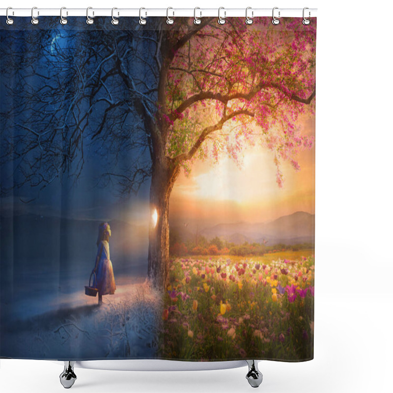 Personality  A Little Girl Looks Through A Knot Hole In Tree Which Reveals A Beautiful Summer Meadow Shower Curtains