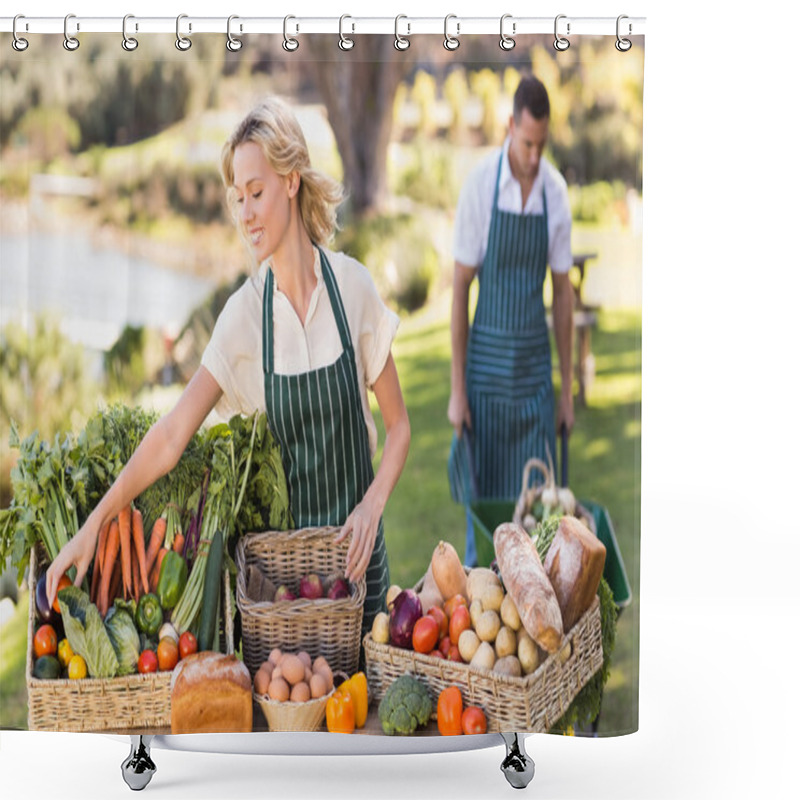 Personality  Farmer Woman Tidying Up A Table Of Local Food Shower Curtains