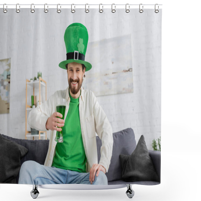 Personality  Smiling Man In Green Hat Holding Beer And Looking At Camera During Saint Patrick Celebration At Home  Shower Curtains