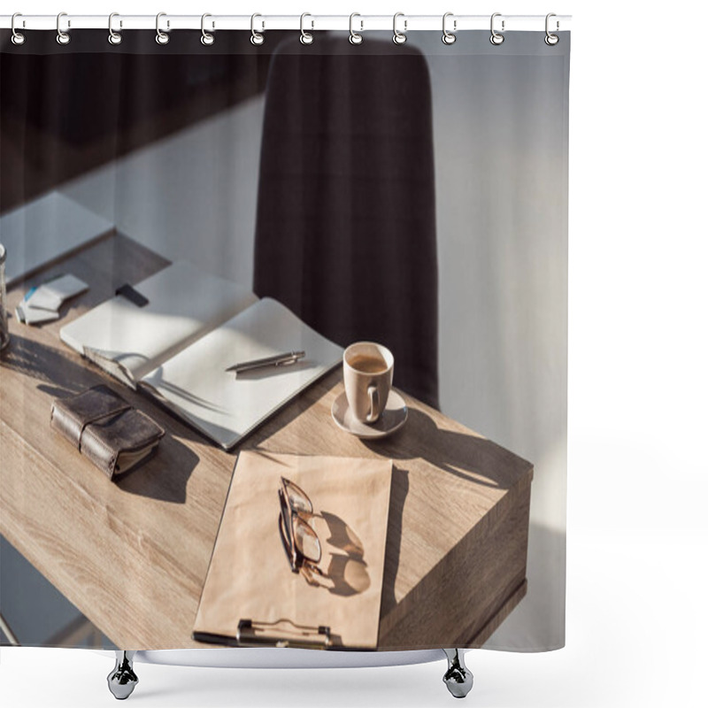 Personality  Close-up View Of Eyeglasses On Clipboard, Cup Of Coffee And Office Supplies At Workplace  Shower Curtains