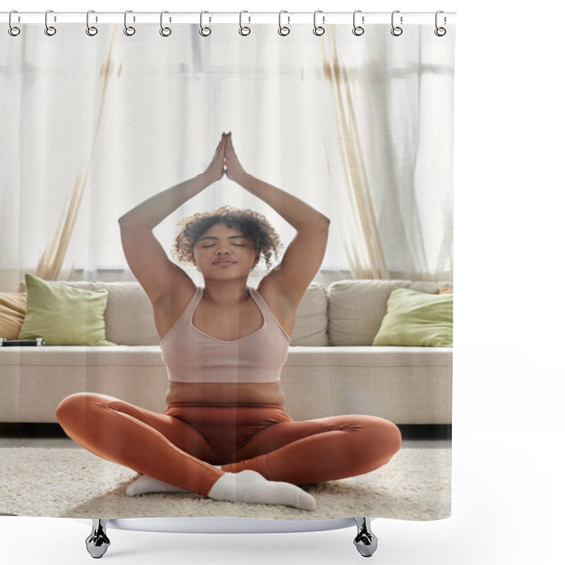 Personality  A Young Woman Enjoys Quiet Mindfulness And Deep Relaxation While At Home. Shower Curtains