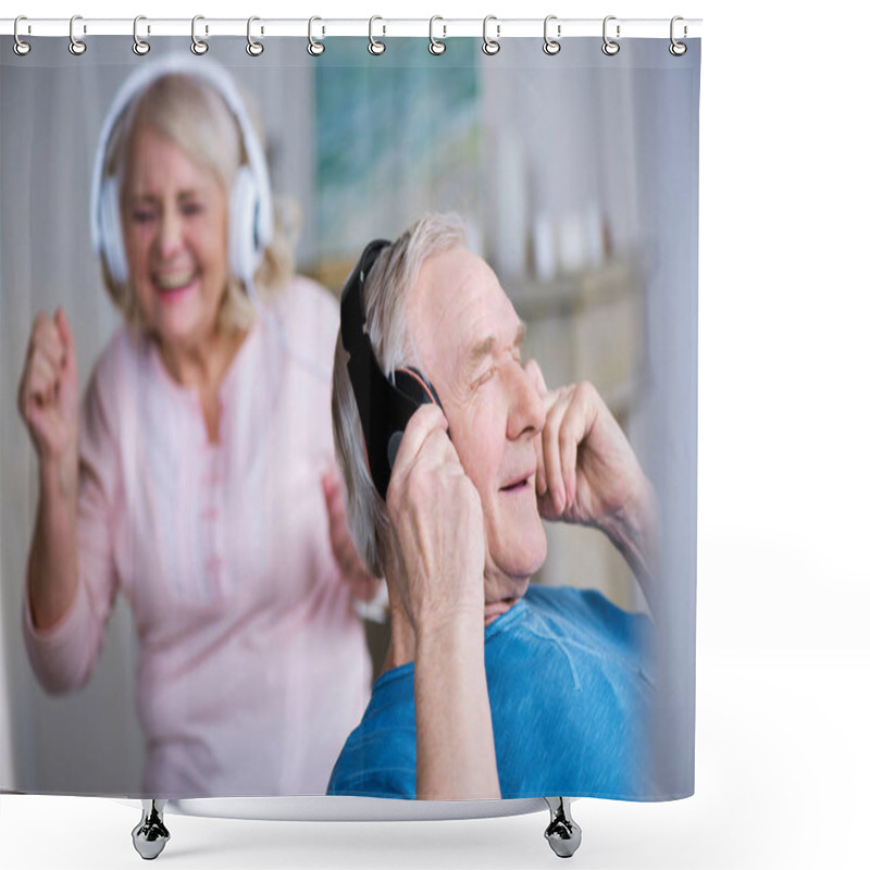 Personality  Senior Couple In Headphones Shower Curtains