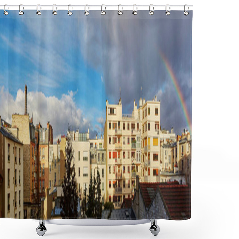 Personality  Panoramic View Of The Eiffel Tower With Rainbow Over The Roofs I Shower Curtains