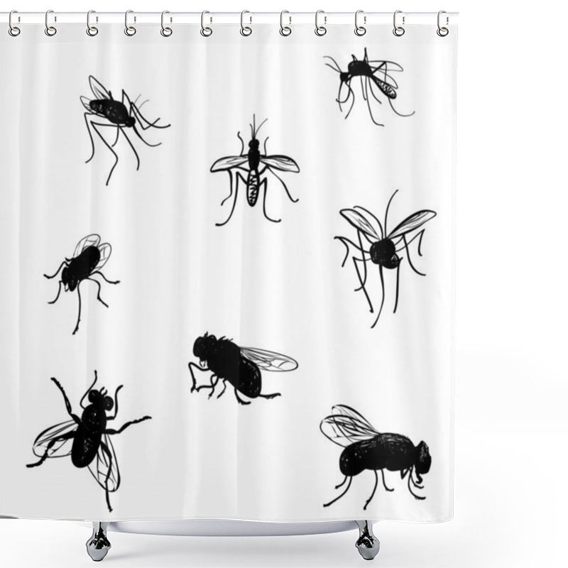 Personality  Vector Collection Of Various Positioned Doodle Flies And Mosquitoes. Shower Curtains