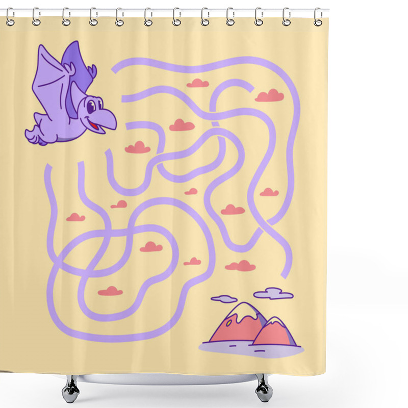 Personality  Help Cute Pterodactyl Find The Right Path To Mountain. Labyrinth. Funny Maze Game For Children. Vector Illustration. Shower Curtains