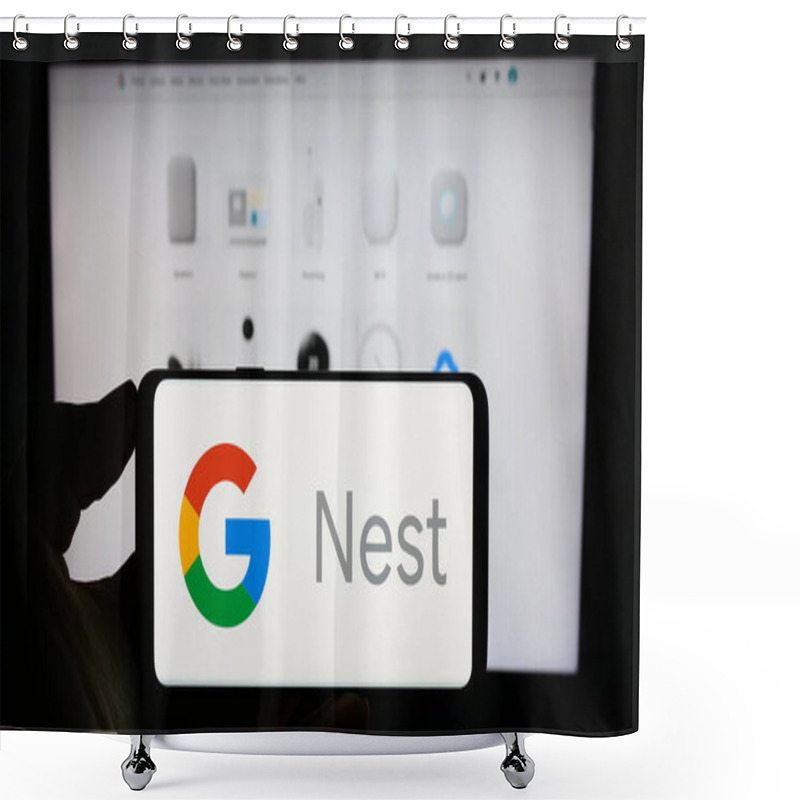 Personality  Stuttgart, Germany - 09-23-2023: Person Holding Cellphone With Logo Of Smart Home Platform Google Nest On Screen In Front Of Business Webpage. Focus On Phone Display. Shower Curtains