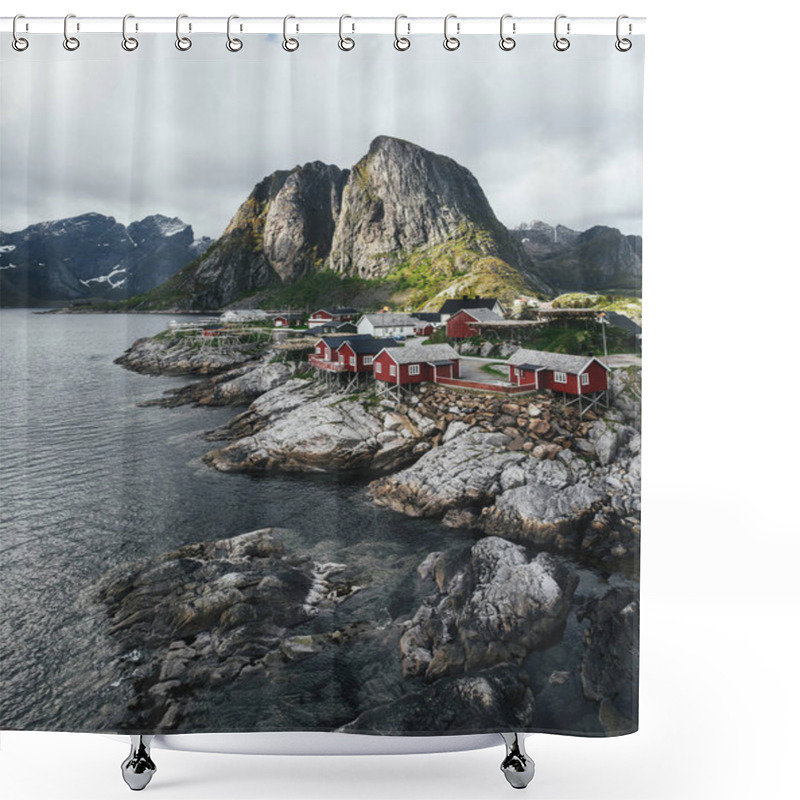 Personality  Panoramic View Of Red Wooden Fishing Huts On Lofoten Islands, Norway Shower Curtains