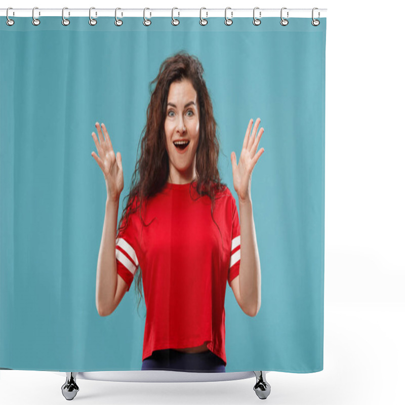 Personality  Beautiful Woman Looking Suprised Isolated On Blue Shower Curtains