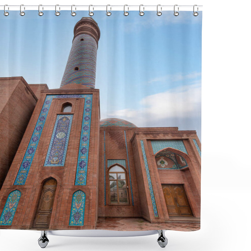 Personality  The Beautiful Minaret Of Goy Imam Mosque Stands Tall In Ganja, Azerbaijan, Showcasing Intricate Red Brick And Tile Work And Unique Architectural Details Against Clear Sky Shower Curtains