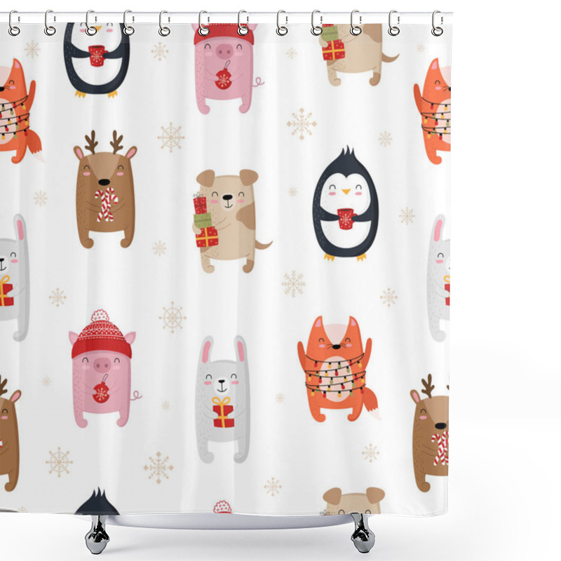 Personality  Vector Seamless Pattern With Hand Drawing Cute Winter Animals. C Shower Curtains