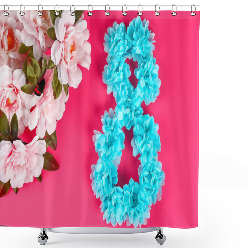 Personality  Diy Eight Made Cardboard Decorated Artificial Flower Made Blue Tissue Paper Napkin Pink Background. Gift Idea, Decor International Womens Day, March 8. Step By Step. Top View. Process Childrens Craft. Shower Curtains