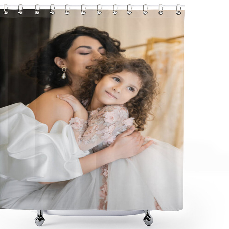 Personality  Enchanting Middle Eastern Bride With Brunette Hair And Closed Eyes In White Wedding Dress With Puff Sleeves And Ruffles Hugging Daughter Looking Away In Bridal Store, Special Occasion  Shower Curtains