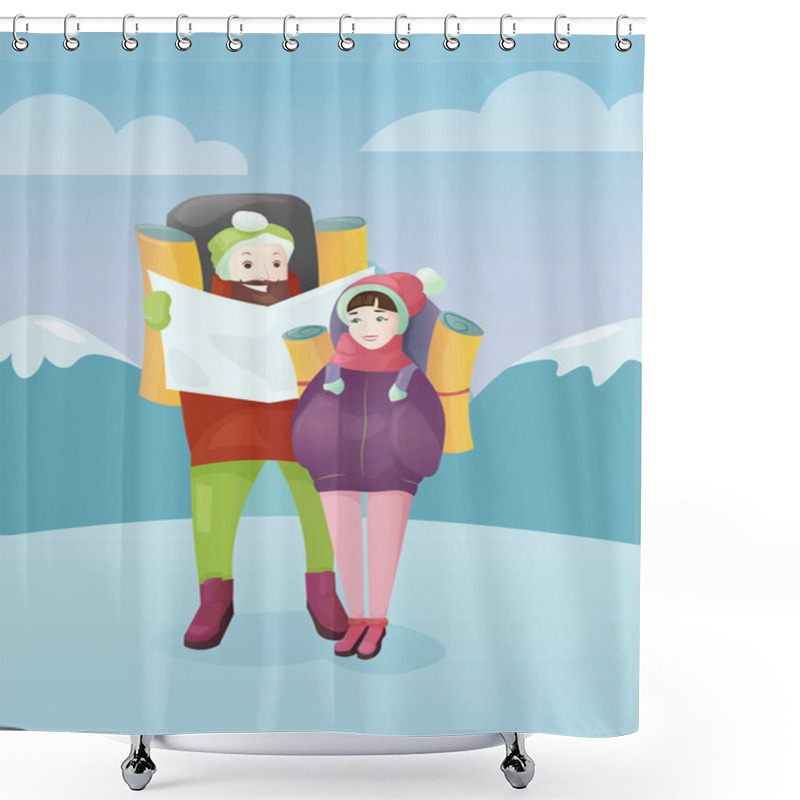 Personality  Vector Illustration Young Couple With Travel Bag And Map On Winter Mountains Background. Traveling Concept, Man And Woman In Cartoon Flat Style. Shower Curtains