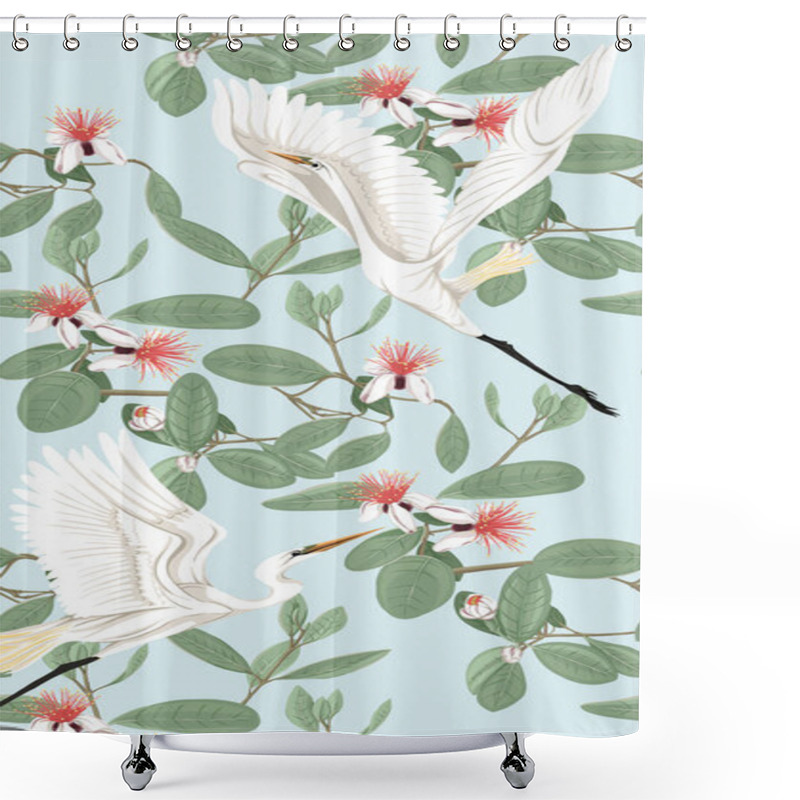 Personality  Pattern, Background With With Feijoa Flowers With Herons . Vector Illustration.  On Soft Blue Background.  Shower Curtains