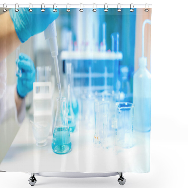 Personality  Doctor Using Electronic Pipette For Taking Samples From Test Tube In Special Chemical Laboratory Or Private Clinic Shower Curtains