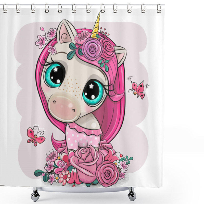 Personality  Cartoon Unicorn Girl With Flowers On A Pink Background Shower Curtains