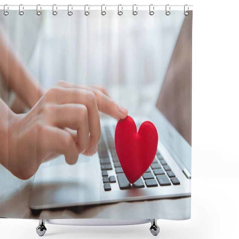 Personality  Hand Touching Red Heart On Laptop Keyboard For Flirt Love Chat Or Lover Online Text Messenger For Find Date Couple During Stay Home Coronavirus Pandemic Situation Shower Curtains