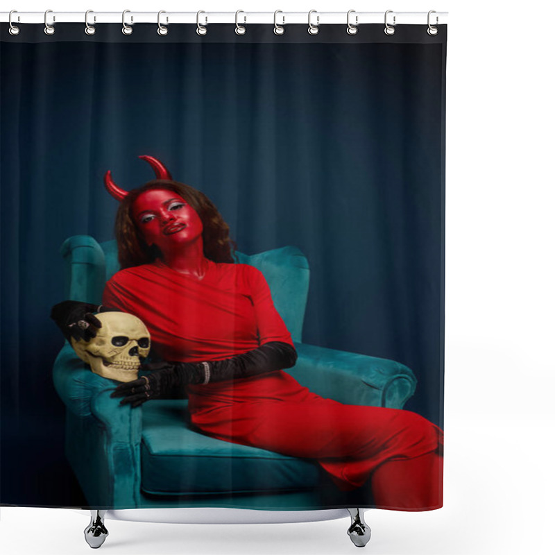 Personality  Dressed In A Striking Red Costume, The Woman Exudes Halloween Spirit While Holding A Skull. Shower Curtains