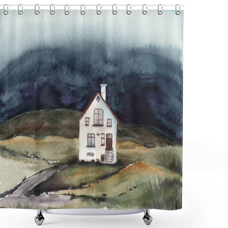 Personality  Watercolor Illustration Of A White Lonely House In A Valley With Misty Mountains On The Background Shower Curtains