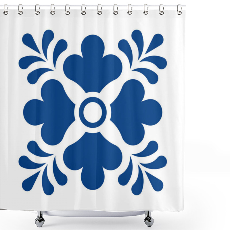 Personality  Mexican Talavera Tile Pattern With Flower. Ornament In Traditional Style From Puebla In Classic Blue And White. Floral Ceramic Composition With Dot And Leaves. Folk Art Design From Mexico. Shower Curtains