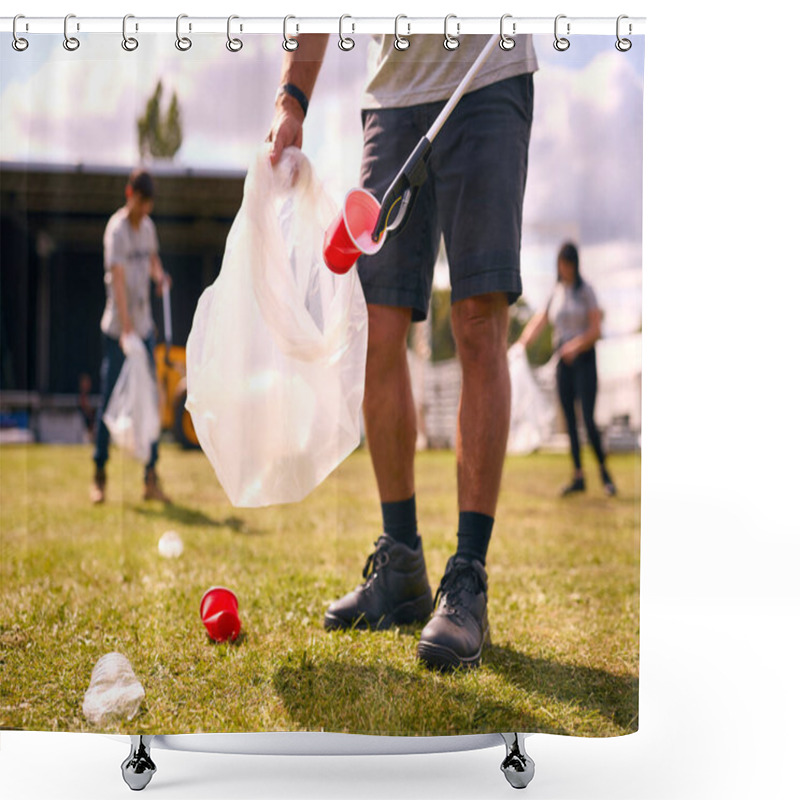 Personality  Close Up Of Volunteers Picking Up Litter After Outdoor Event Like Concert Or Music Festival Shower Curtains