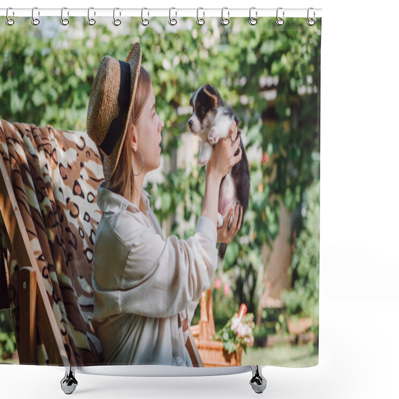 Personality  Side View Of Blonde Girl In Straw Hat Holding Puppy While Sitting In Deck Chair In Garden Shower Curtains