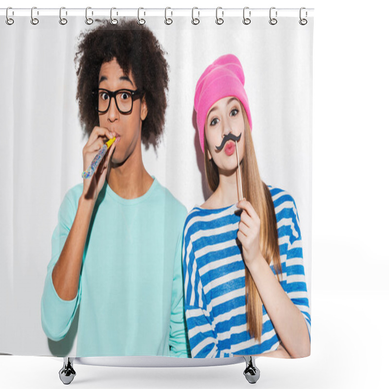 Personality  Funky Young Couple Making Faces Shower Curtains