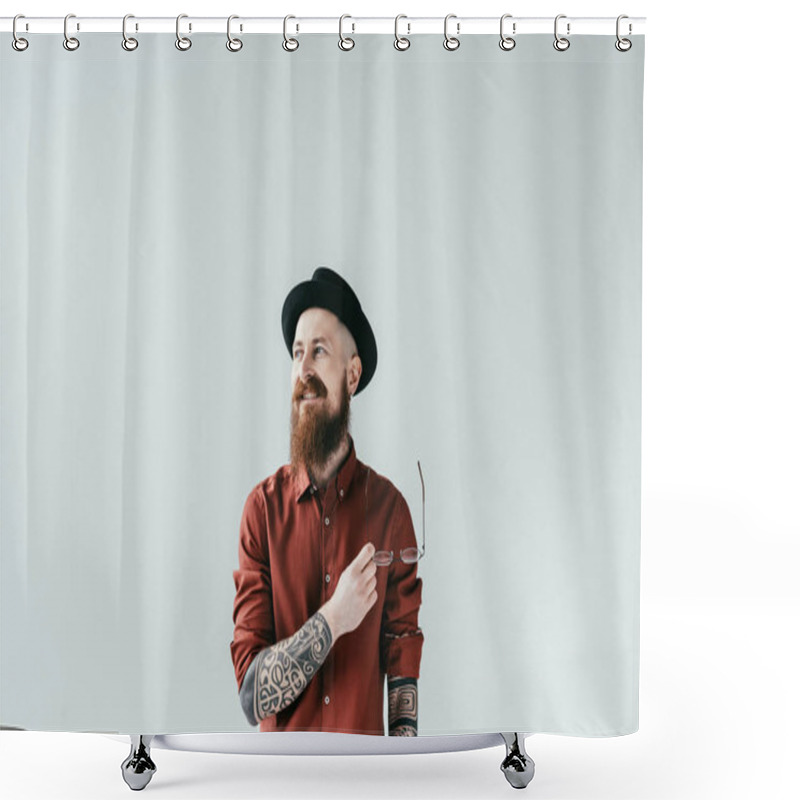 Personality  Smiling Bearded Man With Glasses Isolated On White Shower Curtains